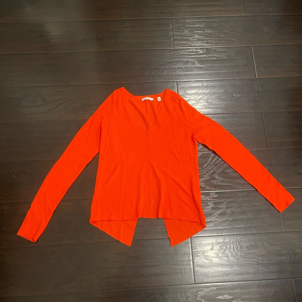 A.L.C. Bright Orange Long Sleeve V-Neck Ripped Sweater Top Size XS Asymmetrical